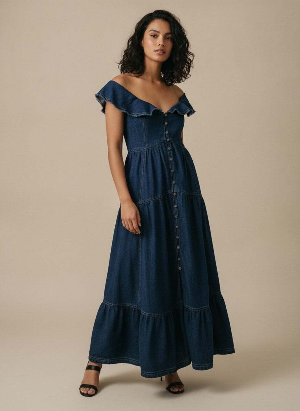 Anthropologie Pilcro Sweetheart Flutter Sleeve Button-Front Denim Maxi Dress